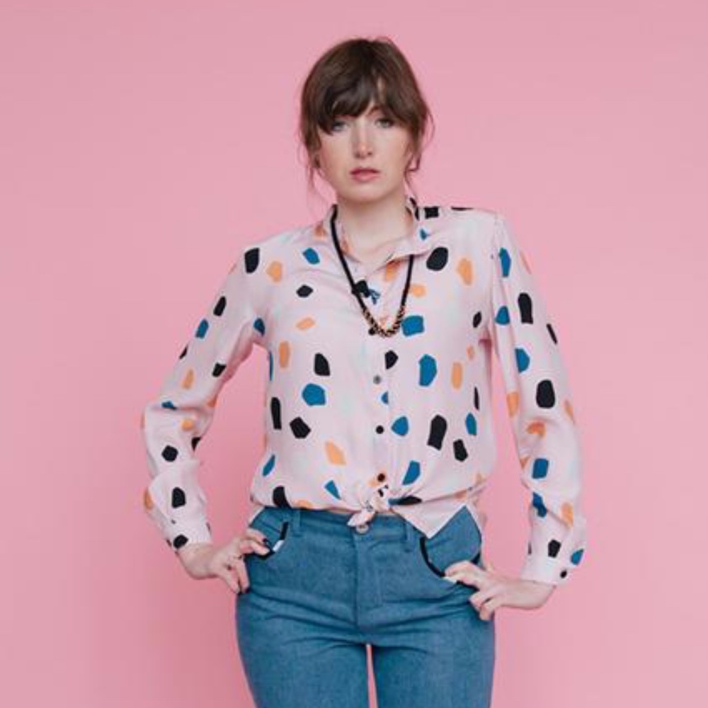 Dusen Dusen Pink Rocks Banded Button Down L/S Top - Picture 3 of 8